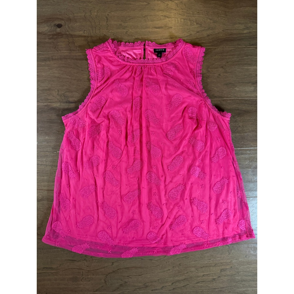 Torrid Womens Hot Pink Pineapple‎ Embroidered Mesh Sleeveless Blouse Top Size 0